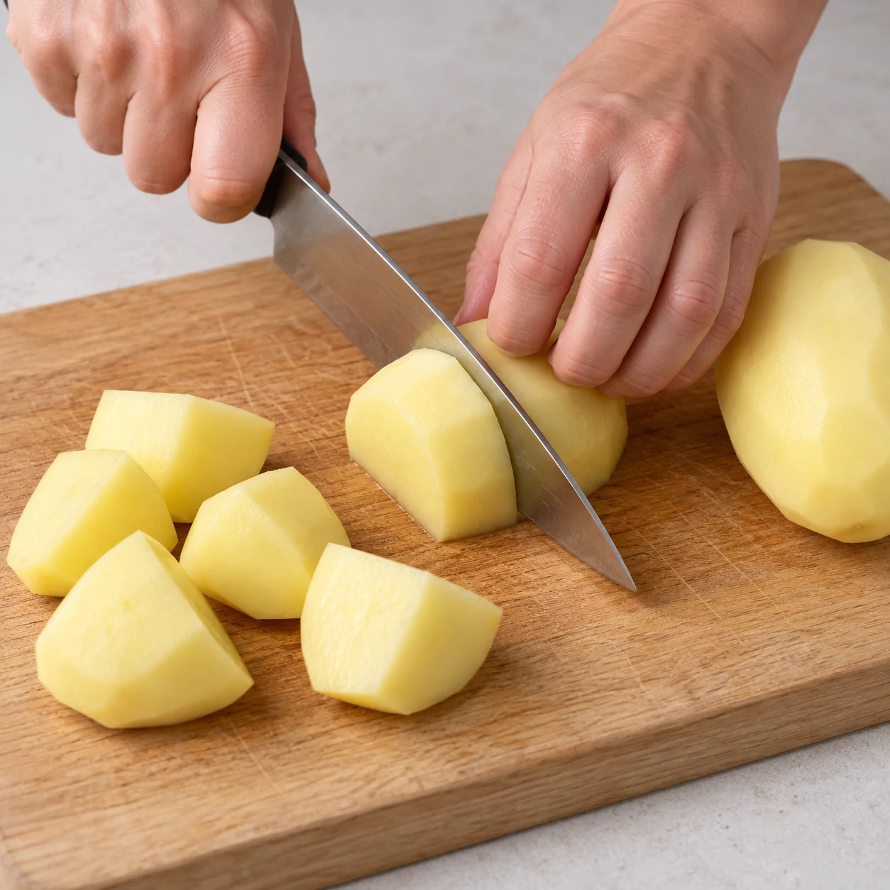 Découpe active d’une pomme de terre pelée en gros morceaux.