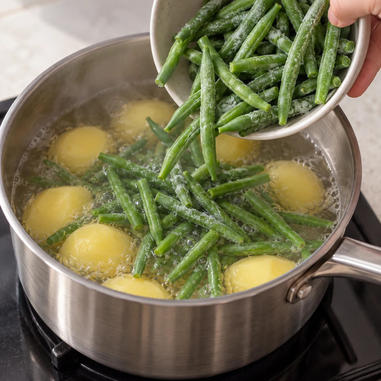Ajouter les haricots verts : Ajoutez les haricots verts surgelés dans la casserole cinq minutes avant la fin de cuisson des pommes de terre. Résultat : Les haricots sont cuits et une pointe traverse les pommes de terre.