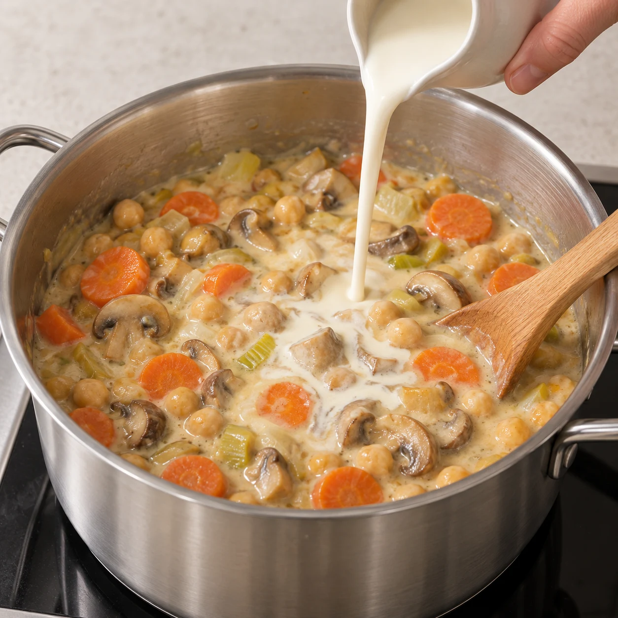 Cocotte en inox remplie de blanquette végétale, filet de crème végétale blanche versé sur les pois chiches, les carottes et les champignons.