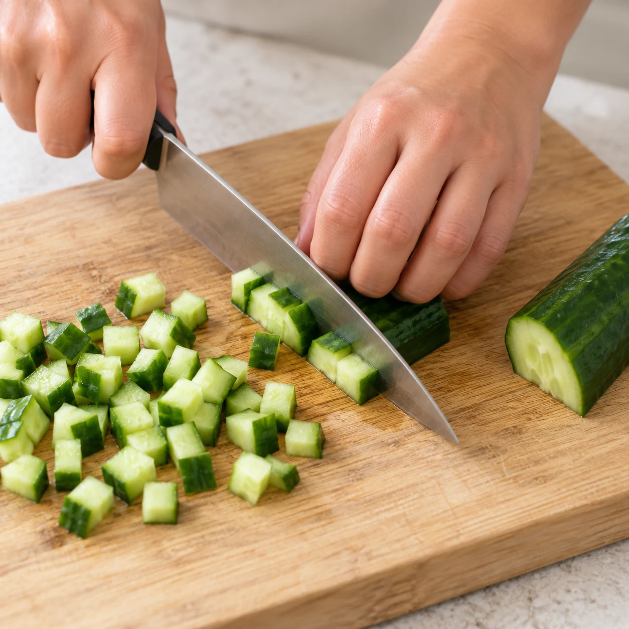 Découpe le quart de concombre en petits cubes.