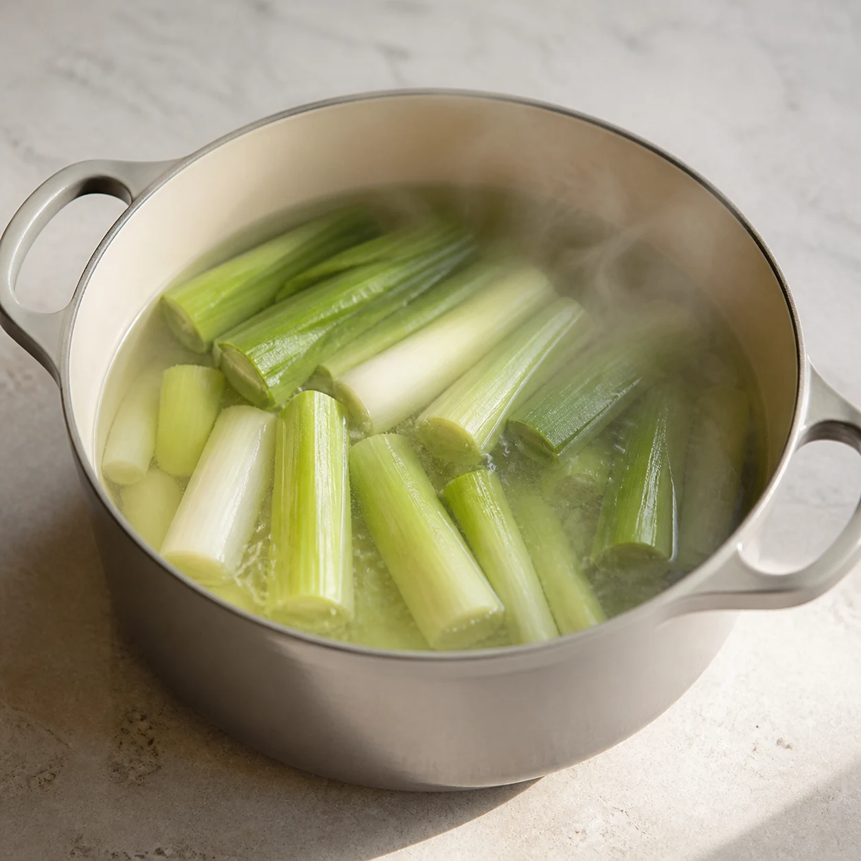 Grande cocotte avec bouillon clair et légumes en cuisson.