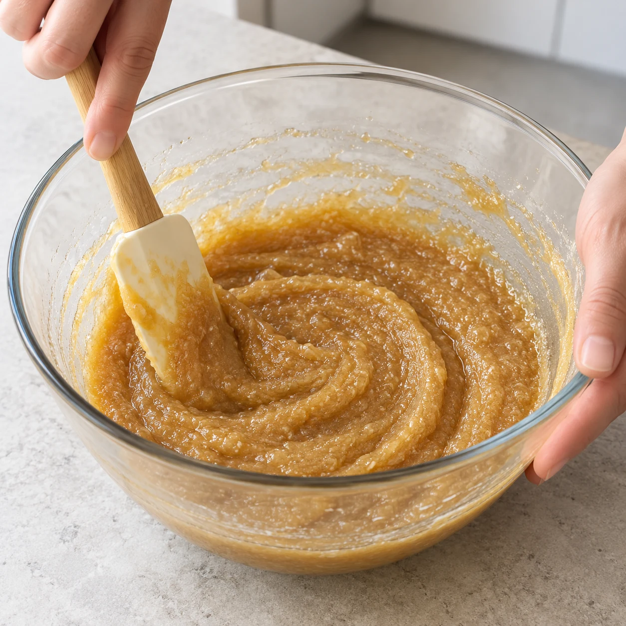 Spatule incorporant une compote pâle à la base humide caramel ; aucun œuf.