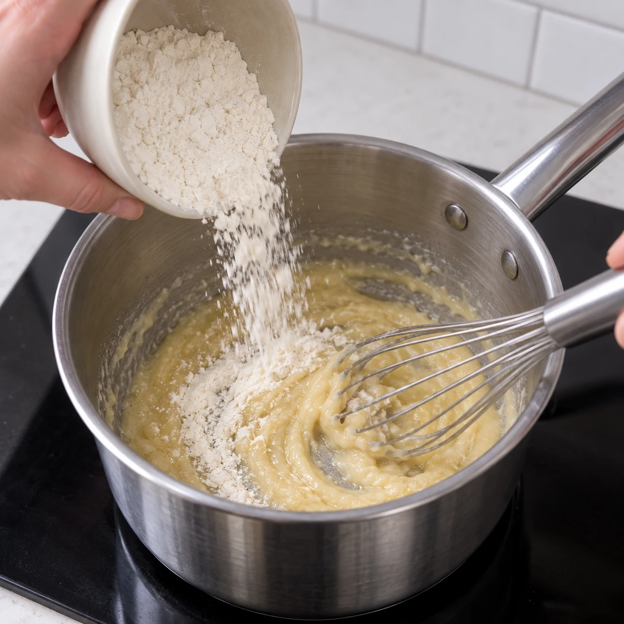 Verser farine dans margarine fondue en casserole.