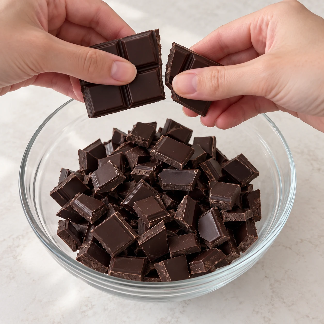 Casse les 200 g de chocolat noir et les 100 g de chocolat noir qui remplacent le chocolat au lait en petits morceaux dans un bol résistant à la chaleur. Résultat à montrer : Les 300 g de chocolat sont en petits morceaux dans le bol.