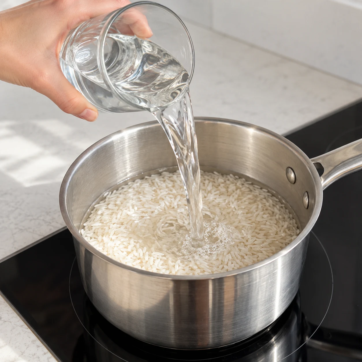 Verre versant de l’eau sur le riz cru dans une casserole.
