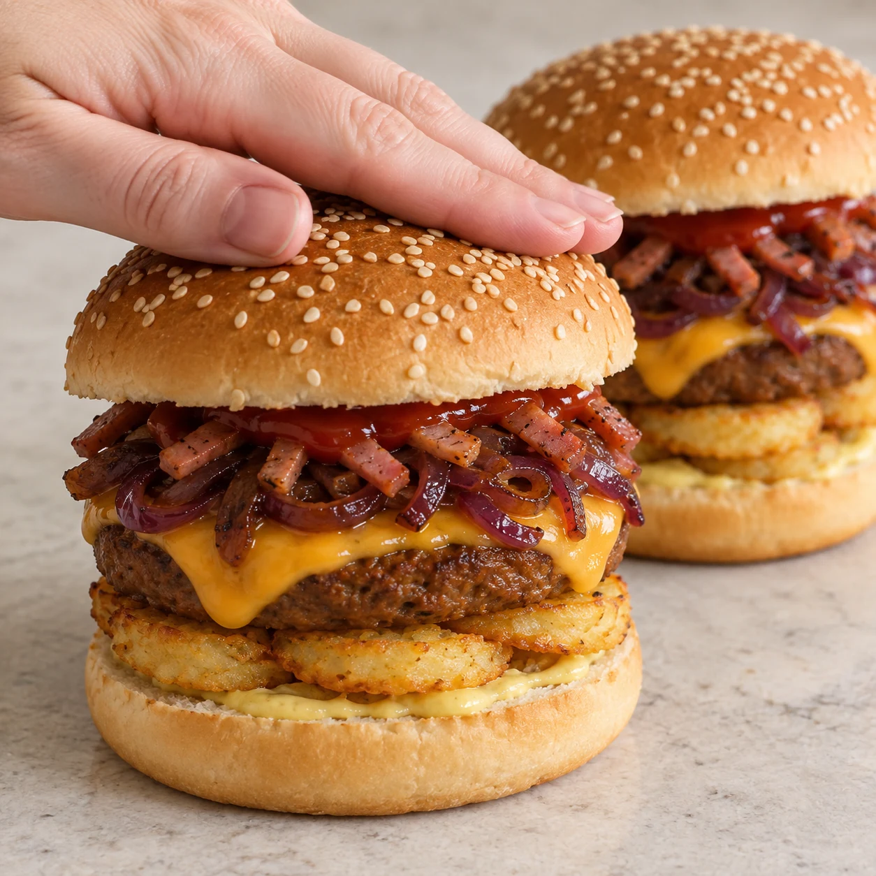 Burger complet fermé avec une pression légère d’une main adulte anonyme.