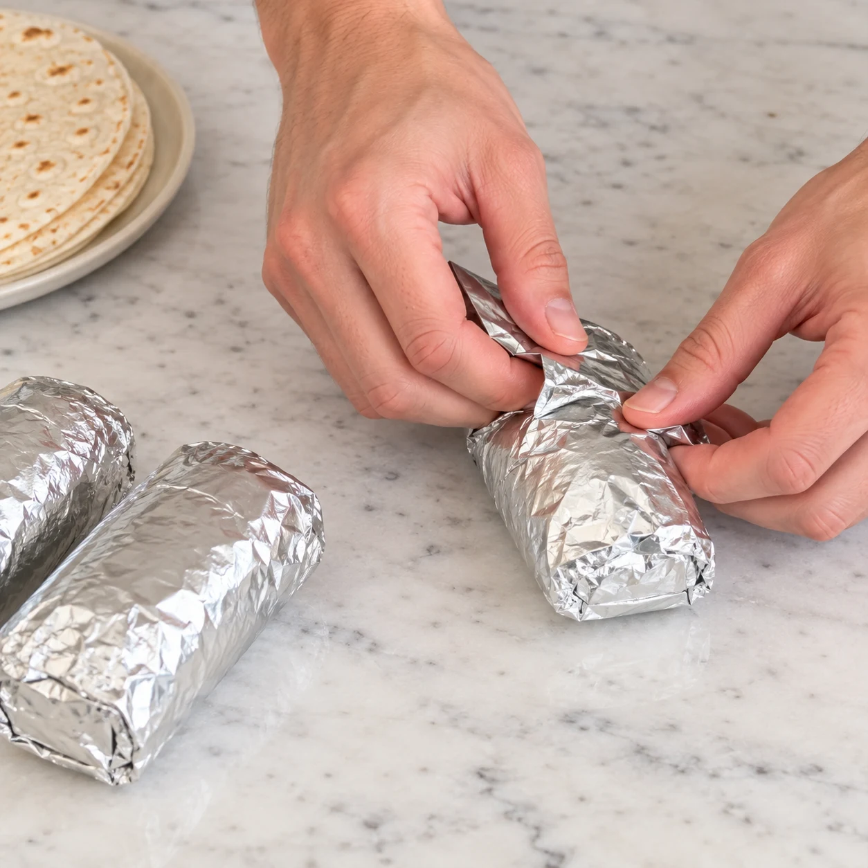 Mains anonymes fermant un emballage aluminium autour d’un petit wrap, sur pierre pâle.