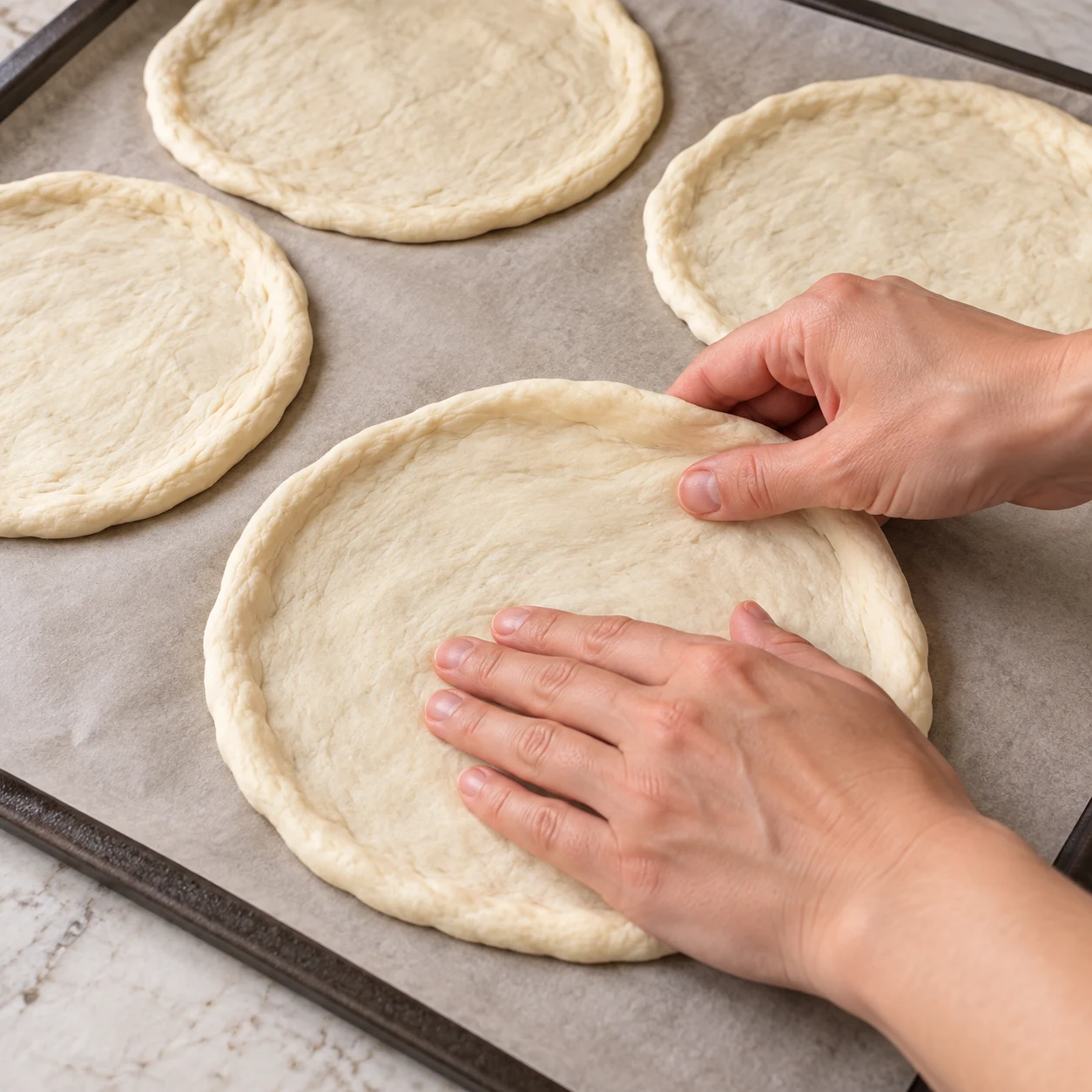 Mains anonymes étirant un disque fin de pâte crue sur papier cuisson.