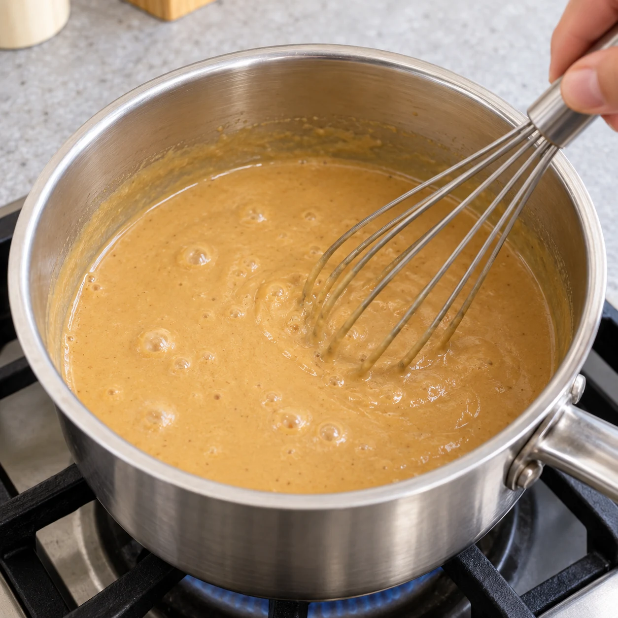 Sauce cacahuète beige lisse dans une casserole sur feu doux, petites bulles naissantes, pas de boulettes.