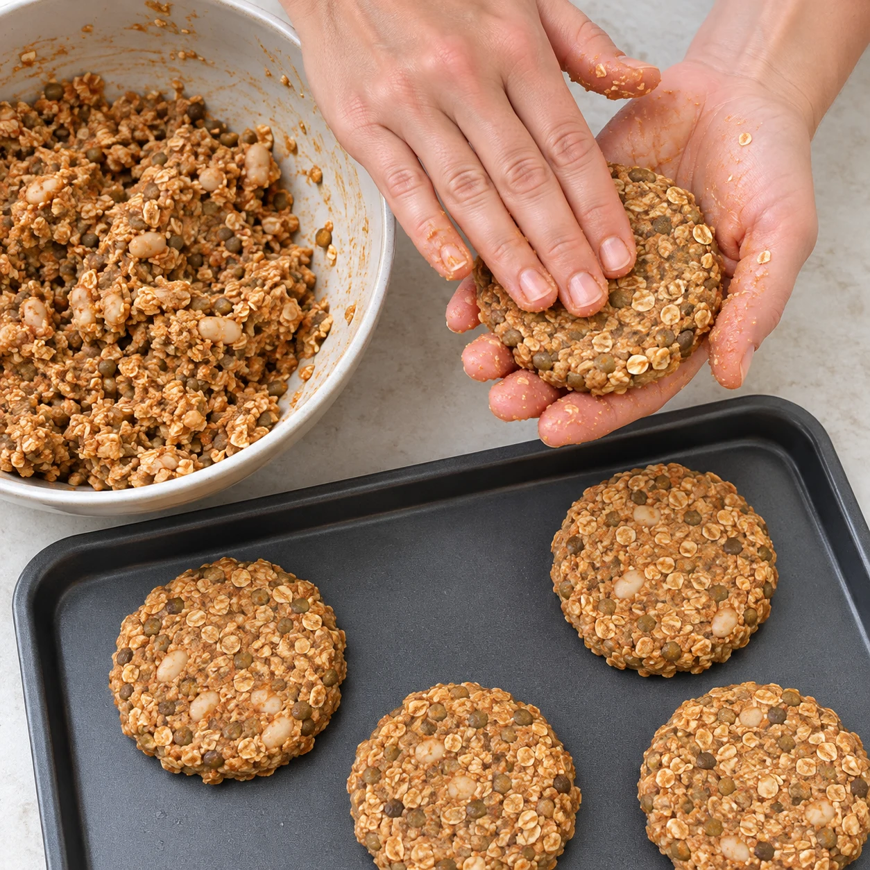 Mains anonymes façonnant un steak de lentilles haricots blancs écrasés avoine.