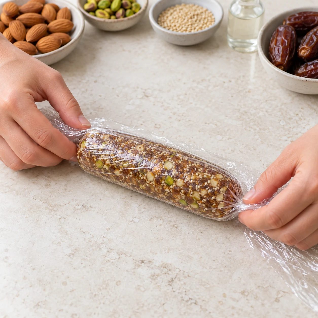 La pâte forme un boudin régulier enveloppé de film.