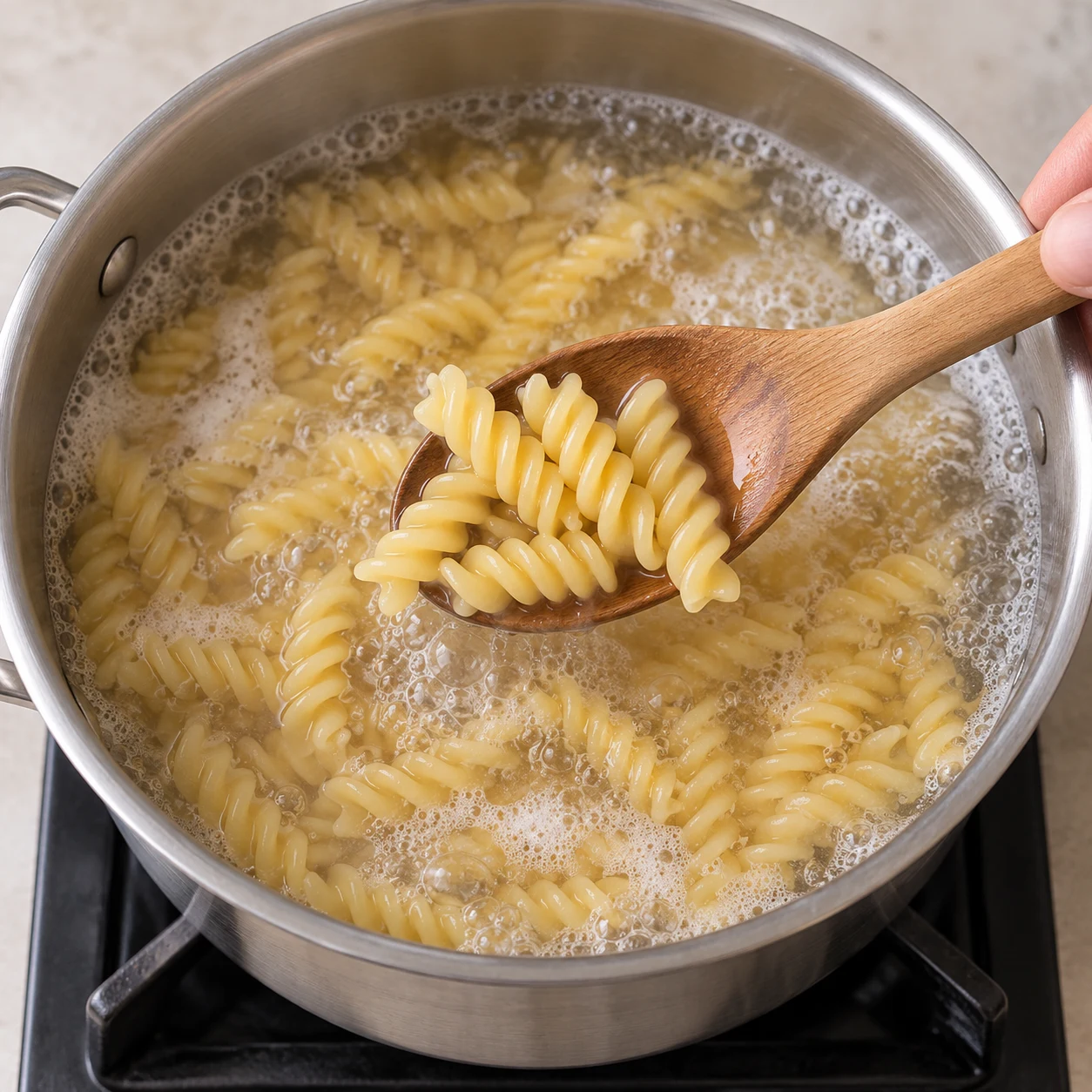 Fusilli cuites dans une casserole d’eau, sans sauce, crème ou garniture.
