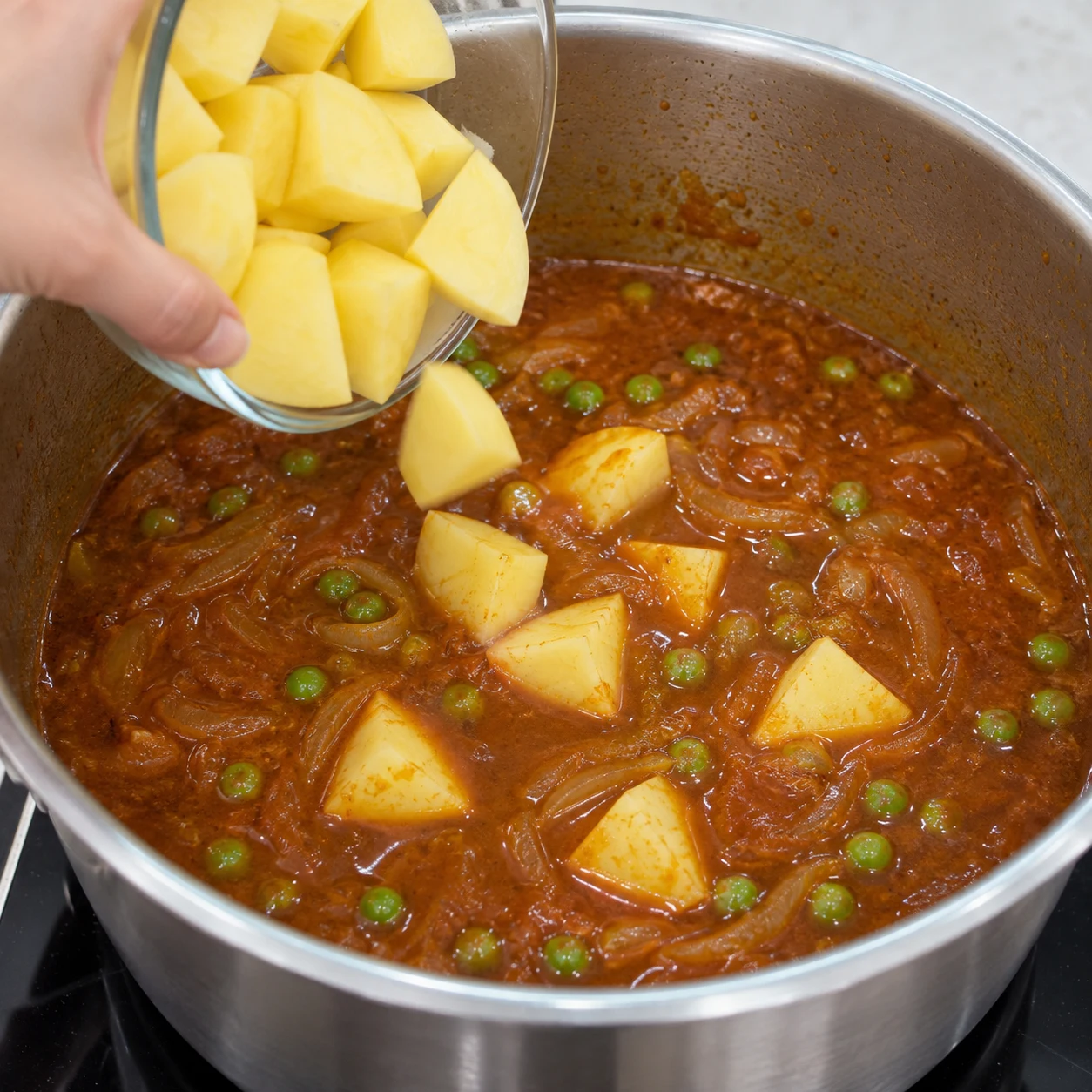 Une seule action : Ajouter la pomme de terre. Les morceaux de pomme de terre baignent dans la sauce. Version végétale aux pois chiches, aucune viande, aucun seitan, aucun tofu.