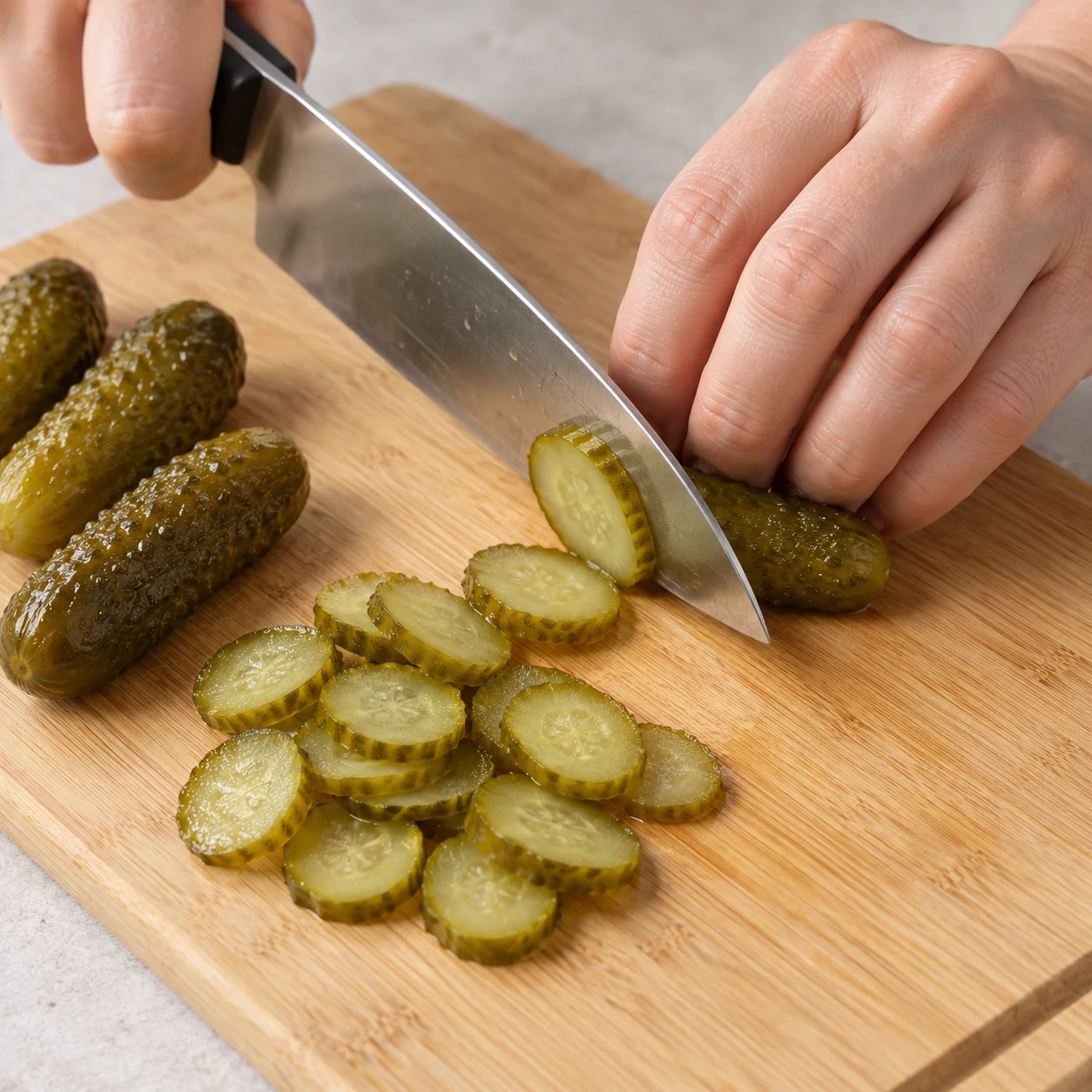 Mains adultes anonymes coupant des cornichons au vinaigre en fines rondelles, prise en griffe sûre sur une planche stable.