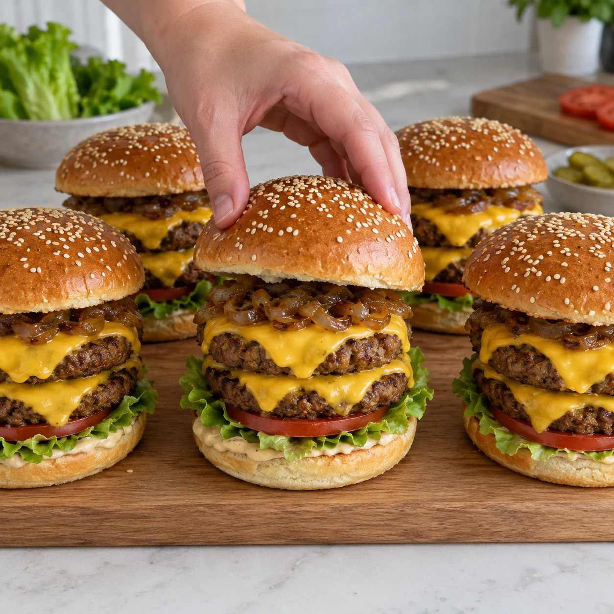 Une image carrée de l’action « Refermer les doubles cheeseburgers », avec seulement les ingrédients autorisés à cette étape, dans leur état réel. Les doubles cheeseburgers sont fermés et tiennent ensemble. Mains anonymes si le geste le nécessite, aucun visage ni texte.