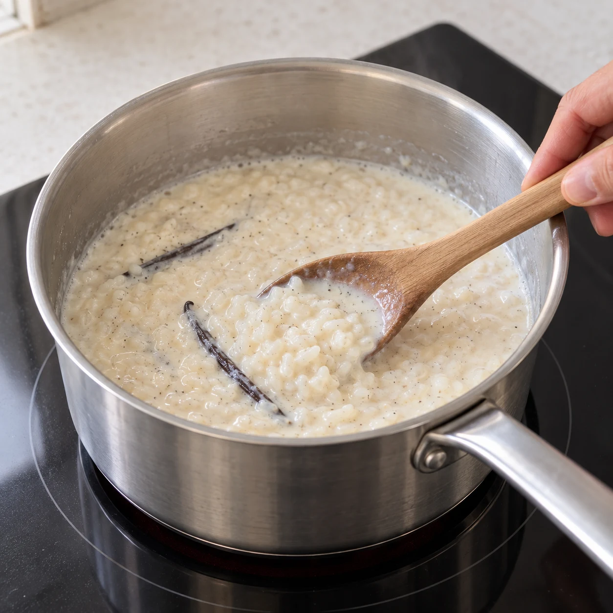 Riz vanillé en cours de cuisson douce dans la boisson végétale.