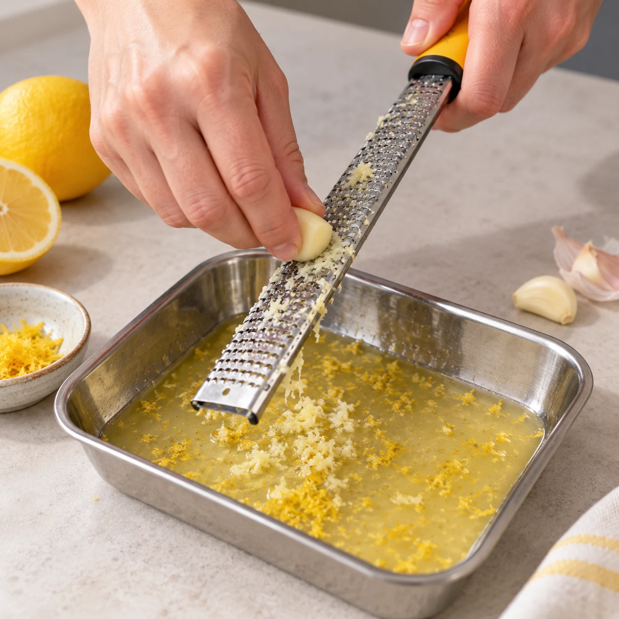 Une main anonyme râpe une gousse d’ail sans peau avec une râpe fine au-dessus du petit plat contenant déjà le jus et le zeste de citron. Geste de râpage, pas découpe au couteau ni simple épluchage ; aucune huile à ce stade.