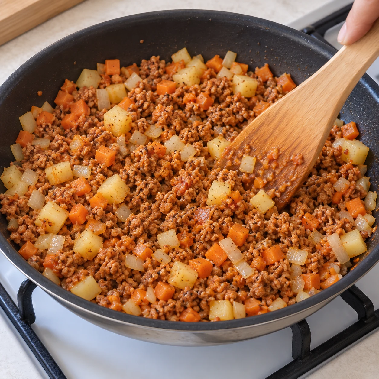 Ajouter le soja émietté : mélange de petits cubes de légumes et de miettes de soja cuit brun dans la poêle.