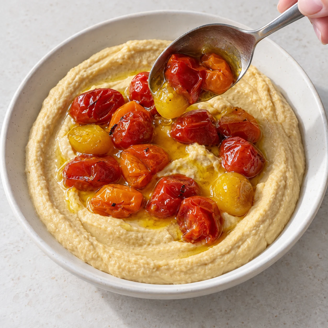 Cuillère déposant les tomates rôties multicolores et leur jus sur le houmous.