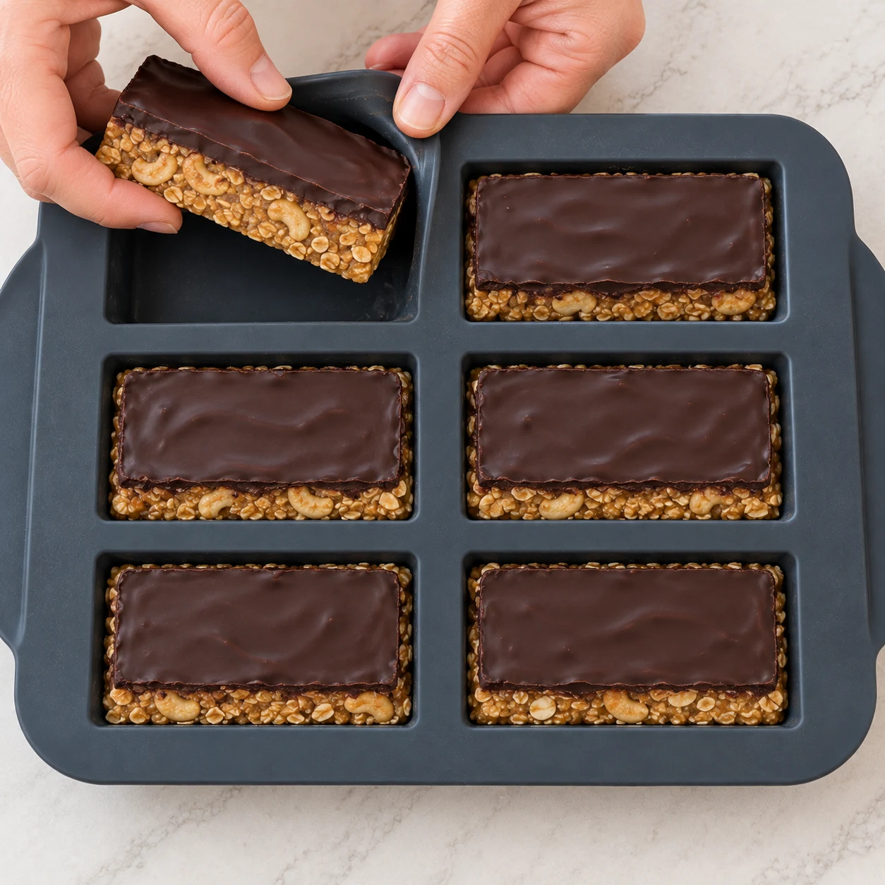 Mains pliant une empreinte silicone pour libérer une barre céréales chocolat.