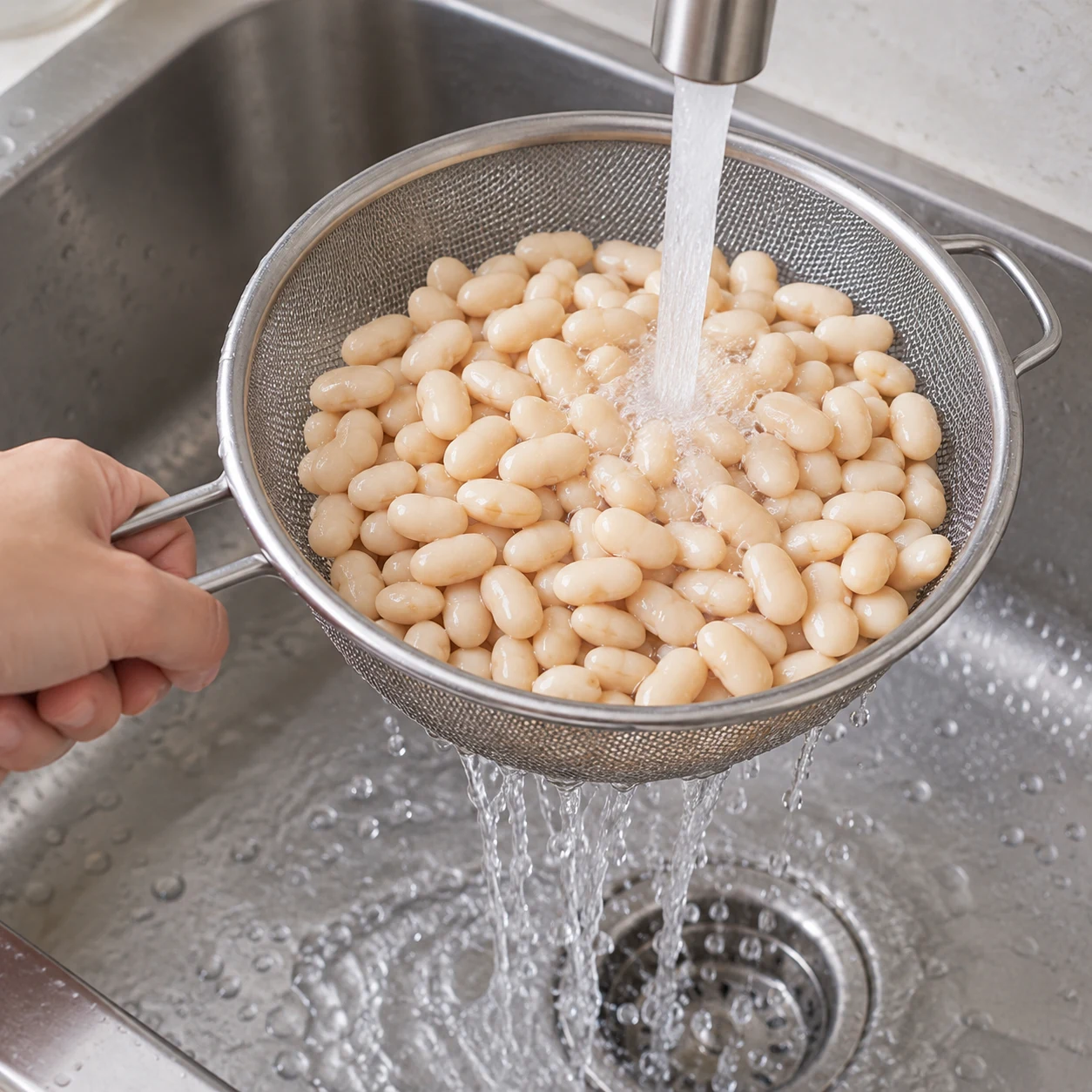 Rince les haricots blancs cuits dans une passoire puis laisse-les bien égoutter. Pèse 400 g égouttés pour l’appareil.
