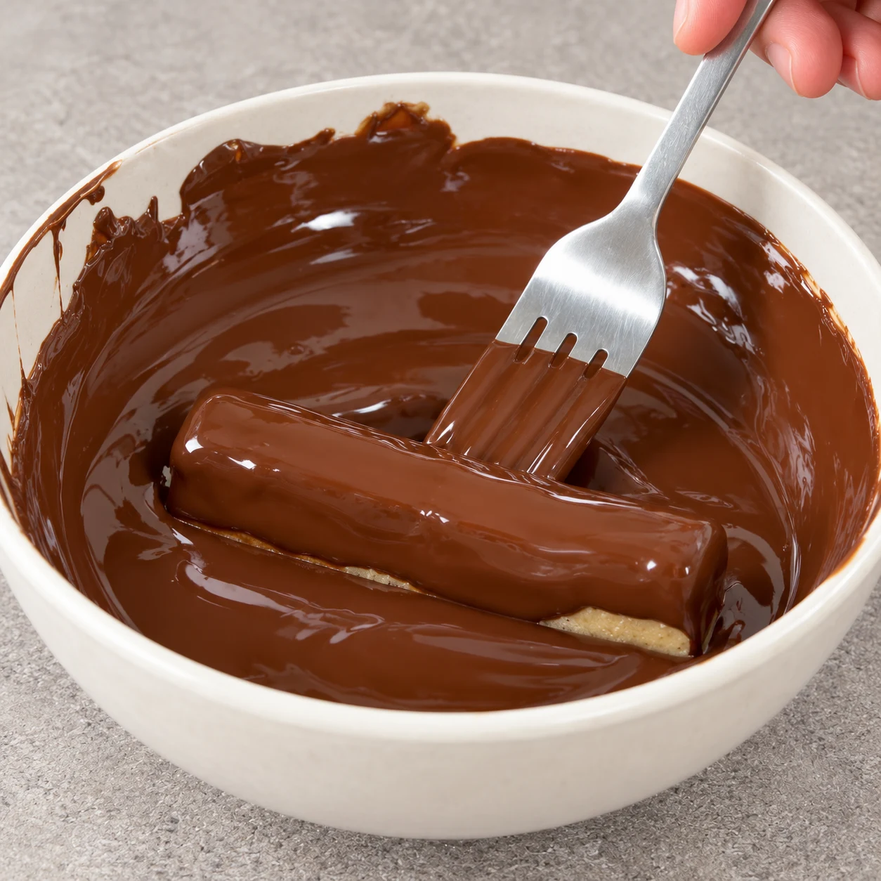 Une fourchette plonge une barre à deux couches avec amandes dans un bol de chocolat noir fondu.