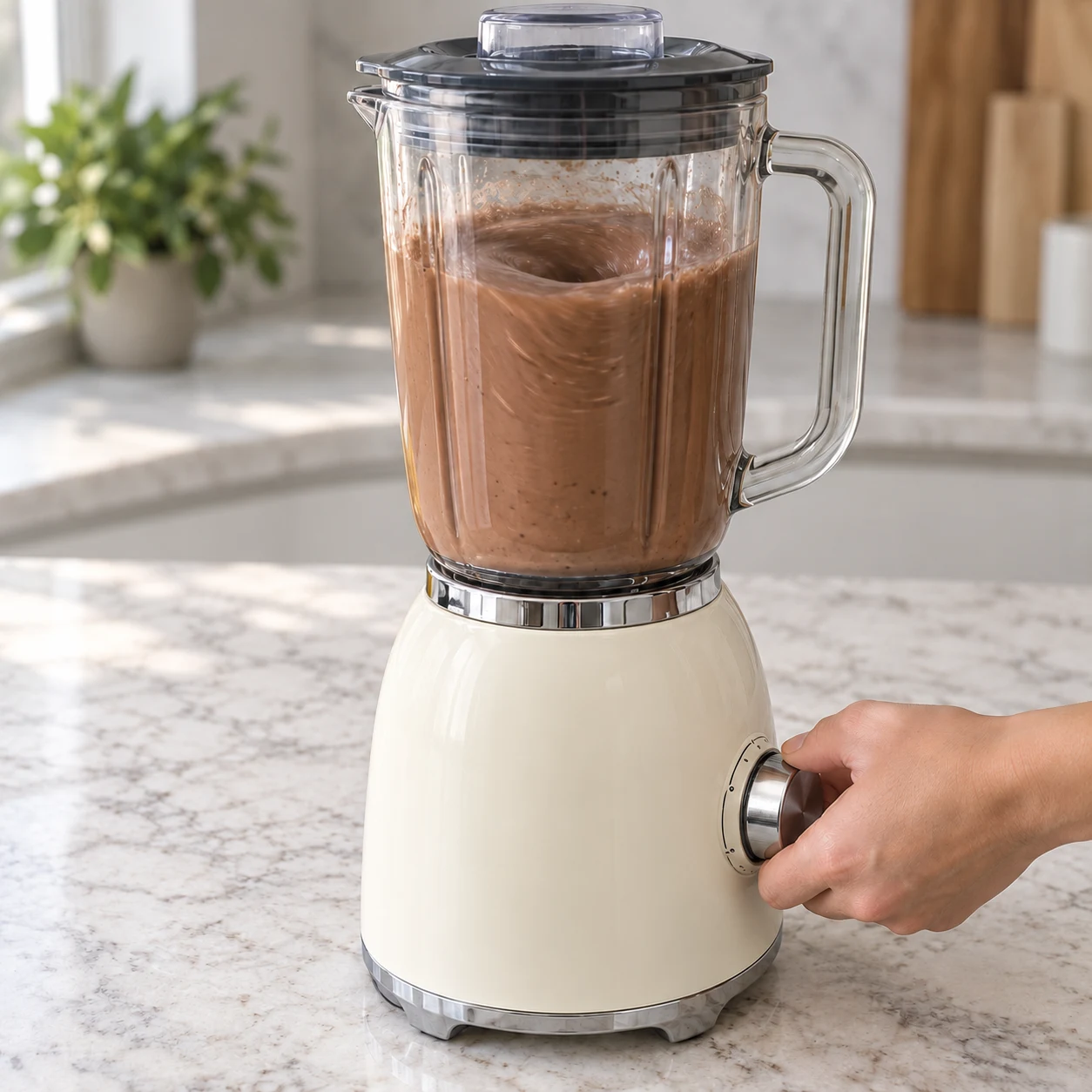 Blender fermé en fonctionnement, mélange brun homogène, main au bouton et loin des lames.