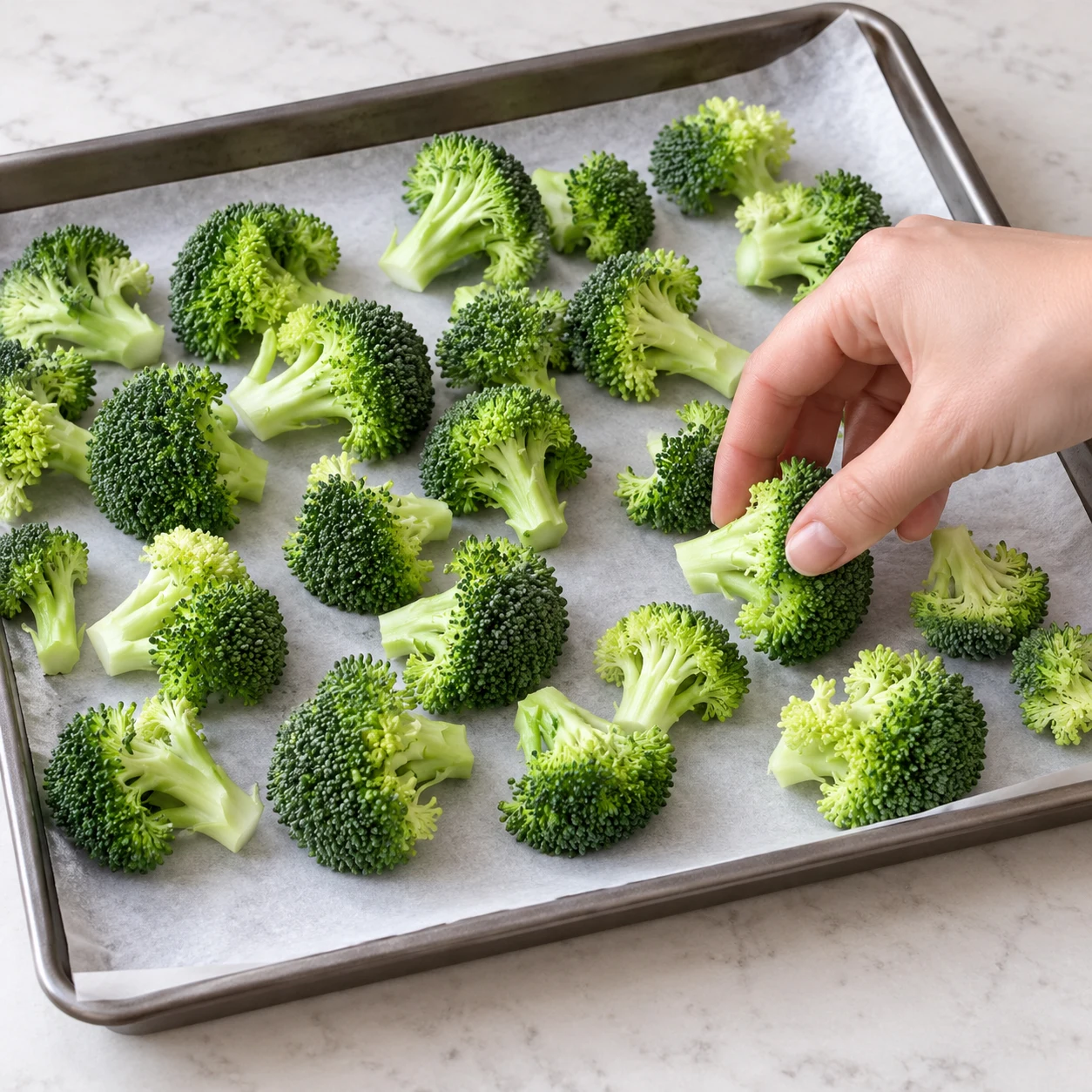 Plaque garnie de papier cuisson, brocoli cru uniquement, pas de pois chiches.