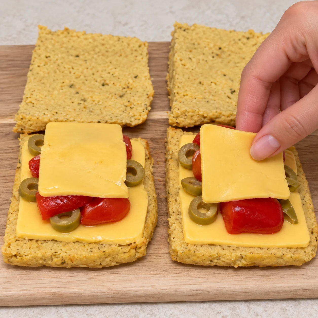 Répartir le tiers restant du fromage végétal au-dessus des tomates. Montrer uniquement du fromage végétal jaune en tranchettes, différent de la feta blanche de la source.