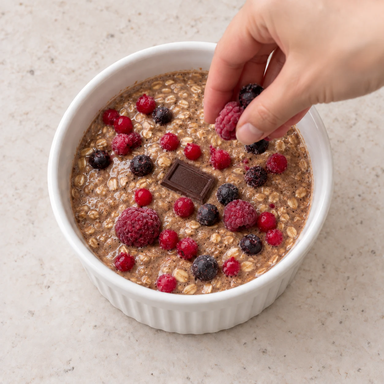 Une main anonyme parsème un mélange de framboises, groseilles et myrtilles sur le porridge cru.