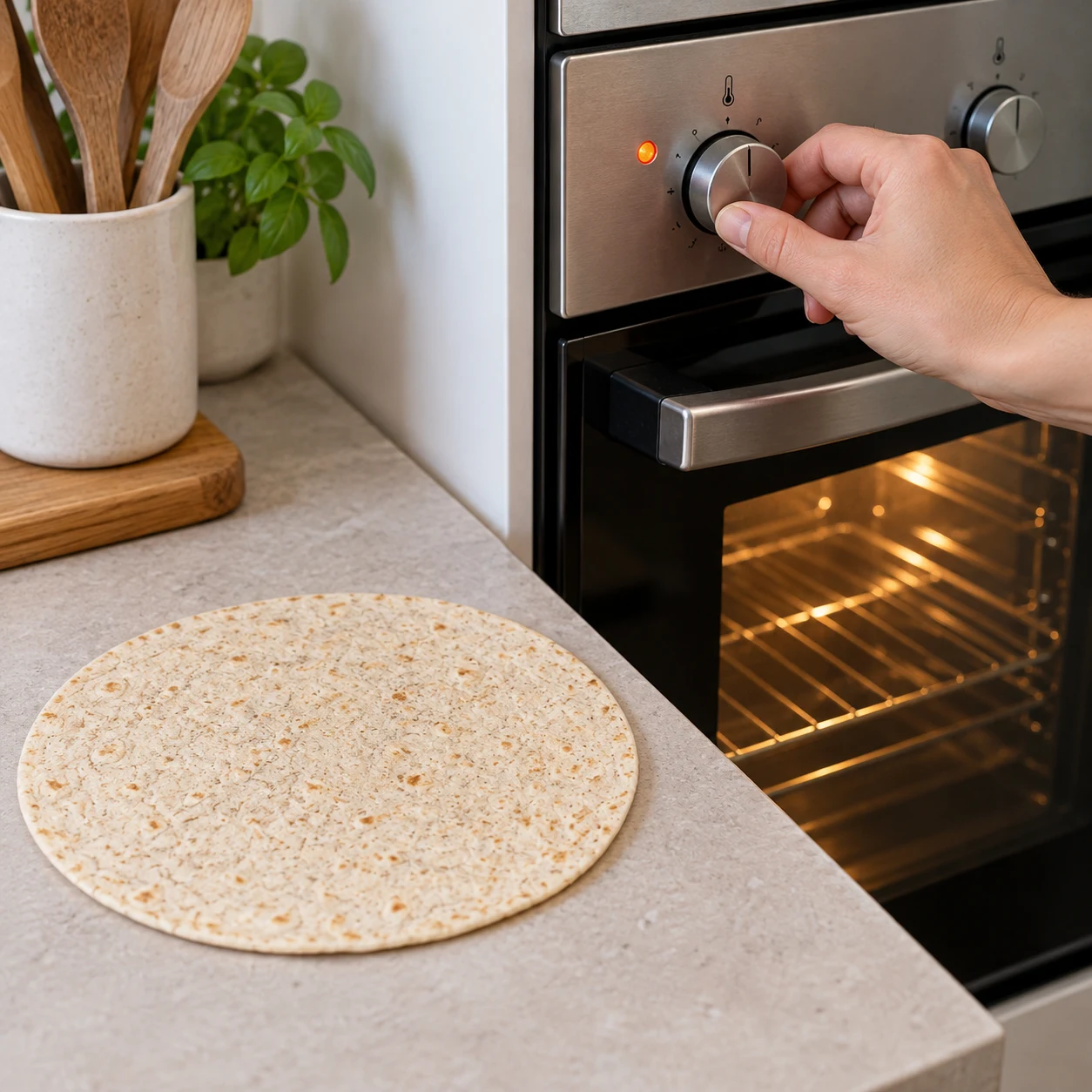 Une tortilla crue sur le plan de travail près du four ; main anonyme réglant le four, aucun texte ni chiffre dans l’image.
