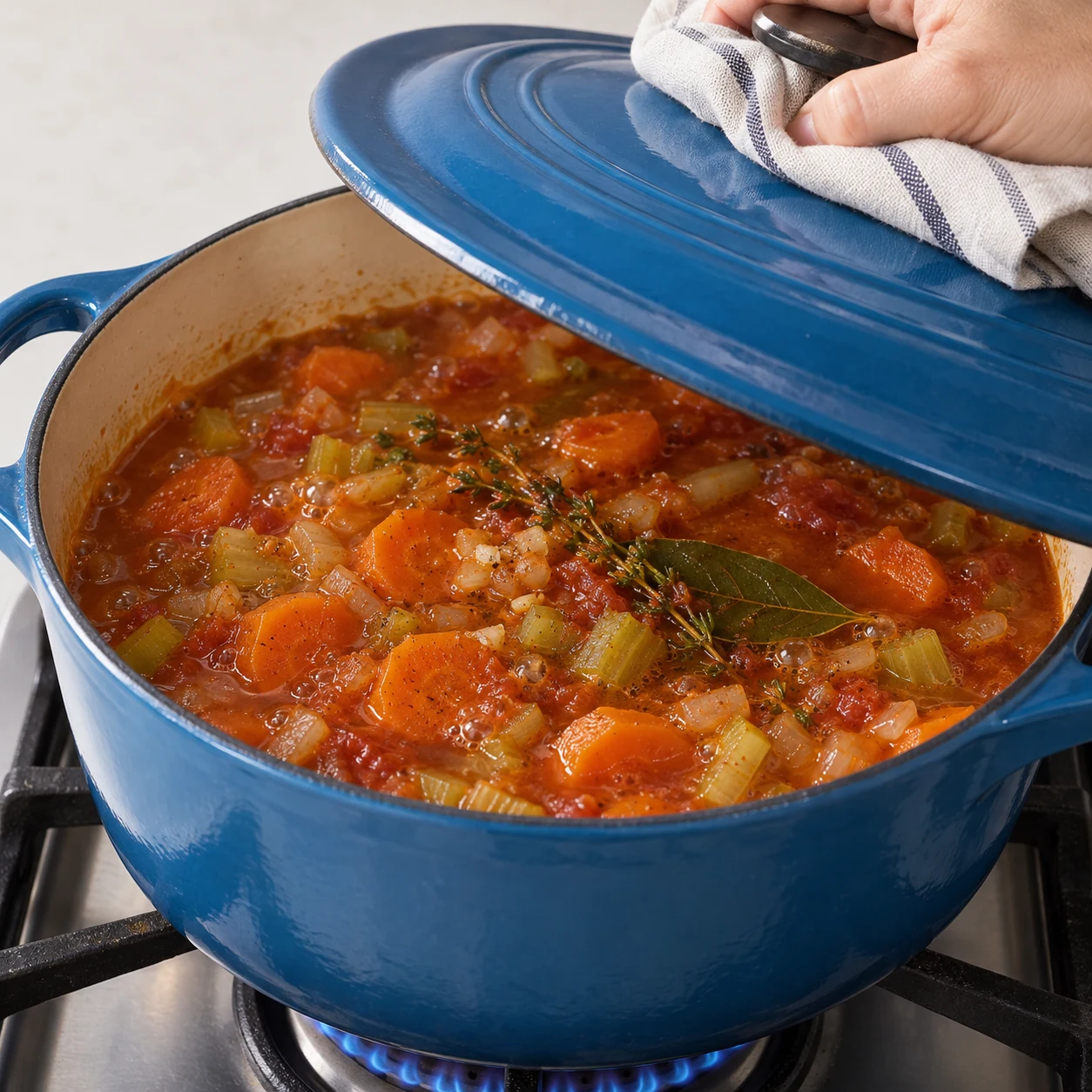 Cocotte couverte sur feu doux.