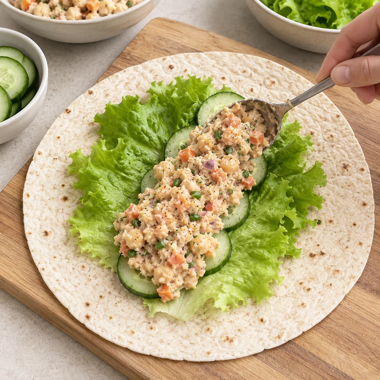 Déposer une farce beige de pois chiches écrasés, carotte orange et ciboulette sur laitue et concombre, tortilla encore ouverte.