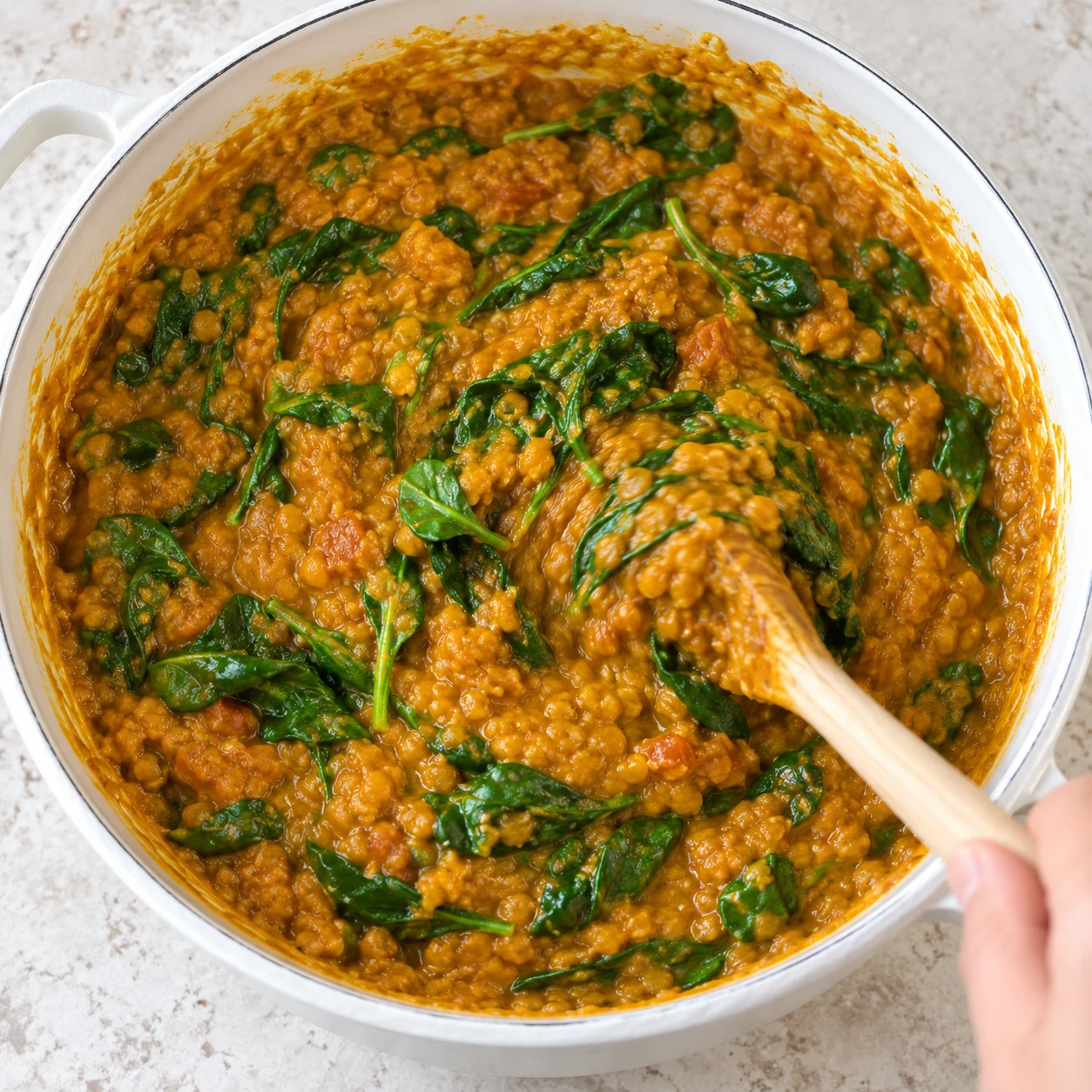 Cuillère remuant épinards frais dans dhal épais doré, cocotte blanche.