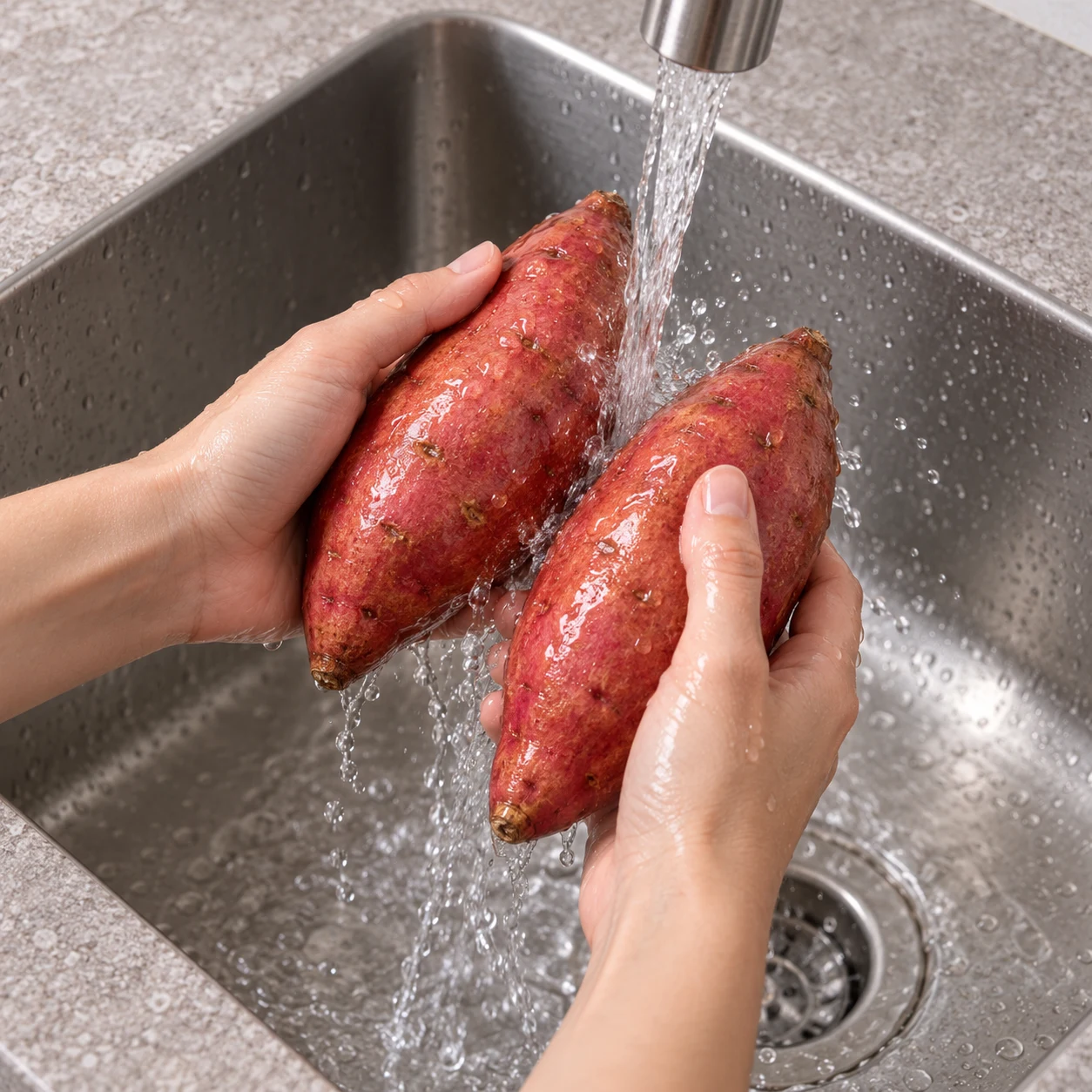 Patates douces entières à peau rouge sous un filet d’eau, mains anonymes.