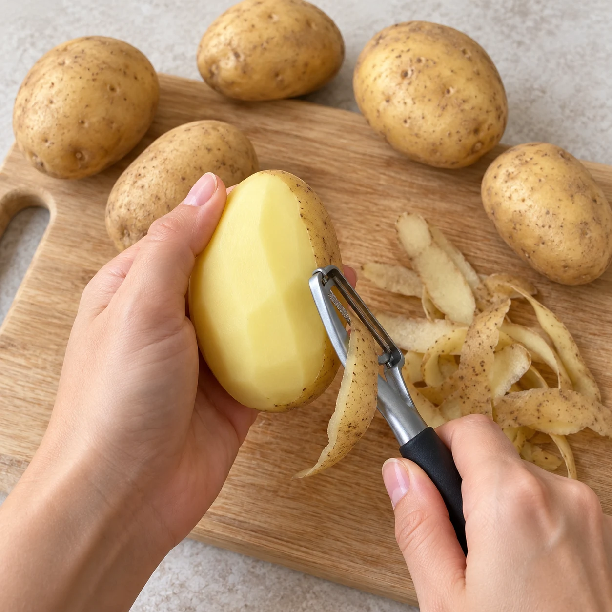Une main adulte anonyme épluche une pomme de terre entière au-dessus d’une planche.