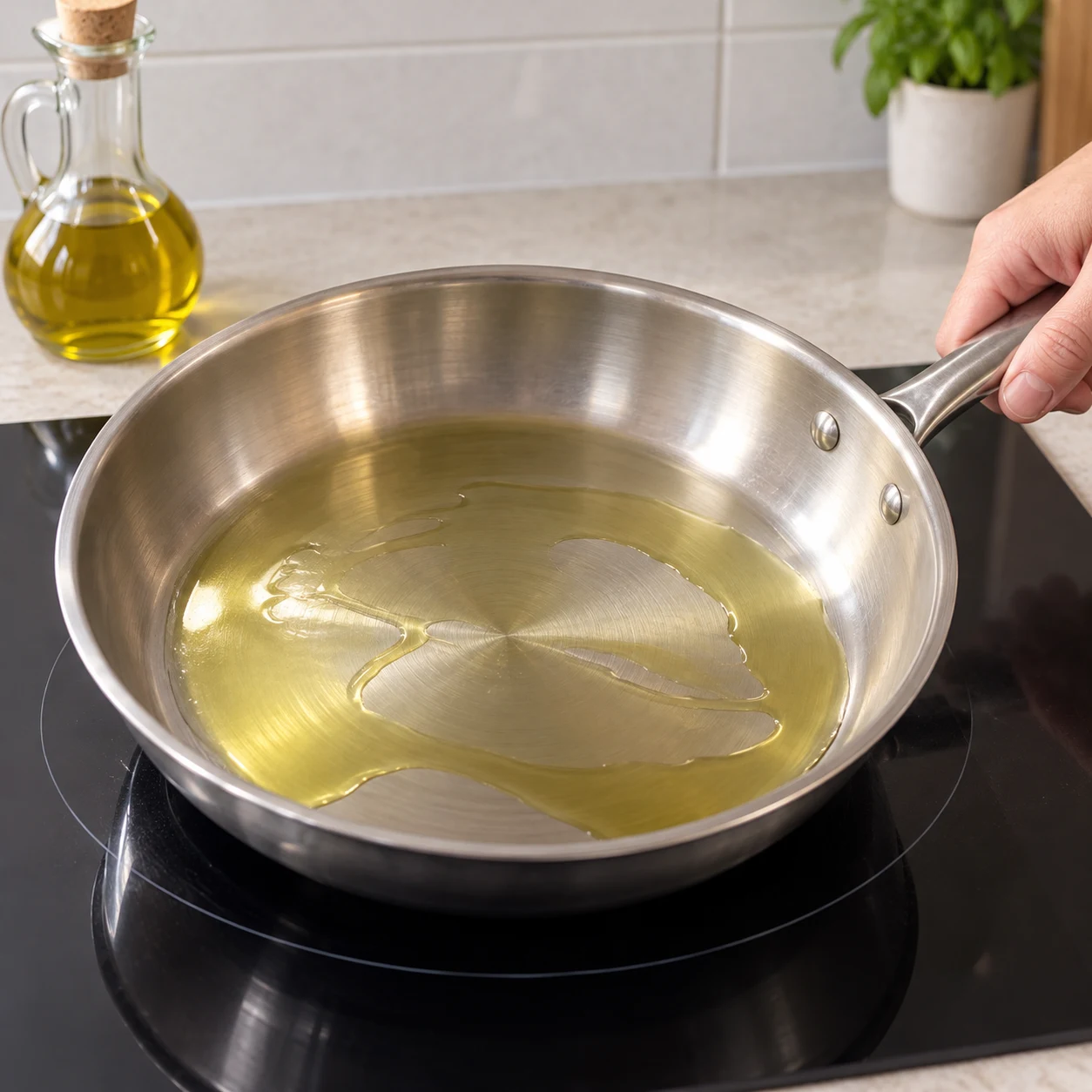 Fais chauffer les 2 c. à café d’huile d’olive, soit 9 g, dans une poêle en inox. Montrer : L’huile s’étale facilement au fond sans fumer. Aucun poisson.
