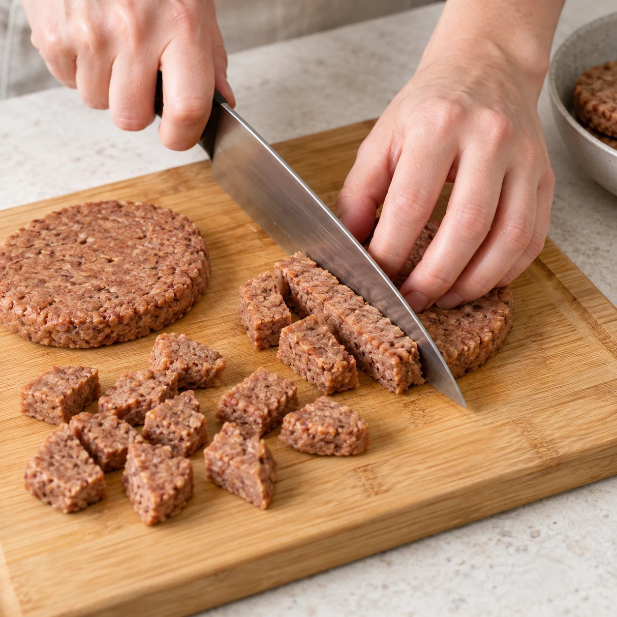 Coupez les 500 g de steaks végétaux de pois en petites bouchées régulières sur une planche stable. La protéine est un steak de pois à texture hachée dense, brun rosé avant cuisson, brun doré après cuisson, en morceaux irréguliers de l’épaisseur d’un steak ; jamais du tofu blanc.