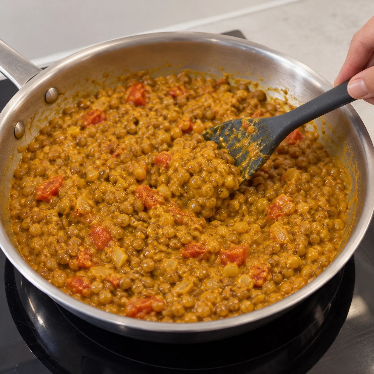 Laisse mijoter à feu moyen jusqu’à obtenir le dhal crémeux décrit dans la recette d’origine, en remuant pour éviter qu’il n’attache. Montrer : La sauce nappe les lentilles et ne laisse plus de liquide séparé au fond. Aucun poisson.