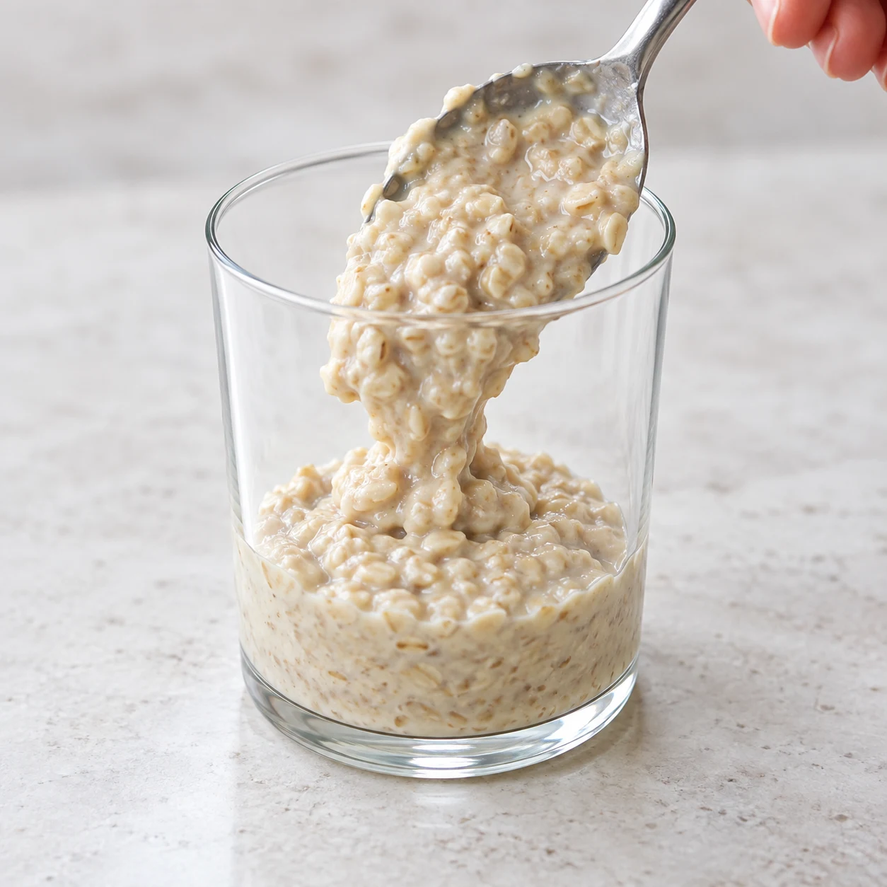 Photographie de cette seule phase : Verser la moitié du porridge dans un verre. Garder l’autre moitié pour la deuxième série de couches. État final : Une première couche de porridge occupe le fond du verre. Recette bis : base à l’avoine crémeuse, sans graines de chia ni poudre protéinée. Référence originale pour le montage, adaptation documentée pour les ingrédients.