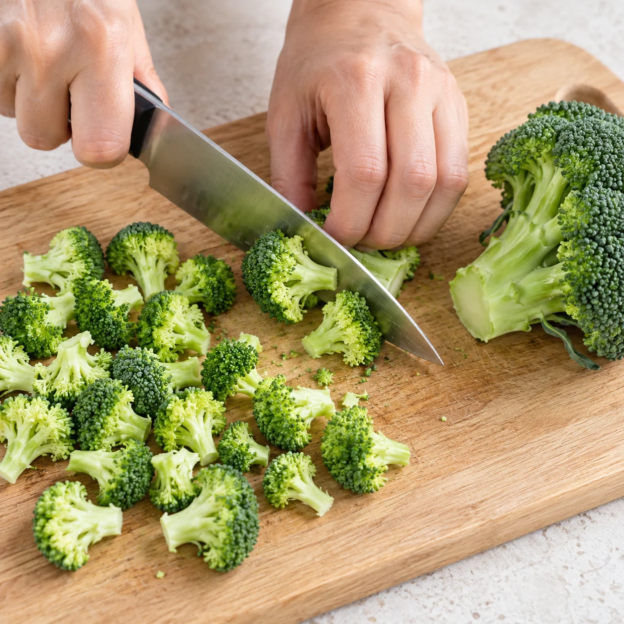 Coupez le brocoli en petites fleurettes sur une planche stable, les doigts repliés à l’écart de la lame. Montrer cette seule action et le résultat décrit, sans texte.