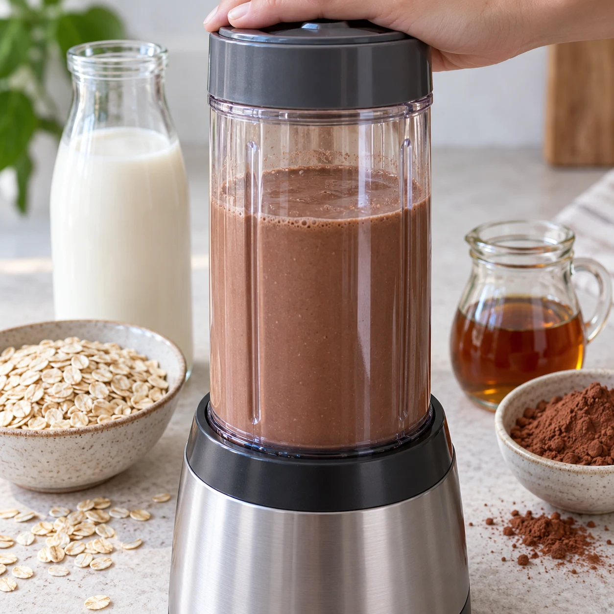 Mixeur fermé contenant une préparation chocolatée homogène.