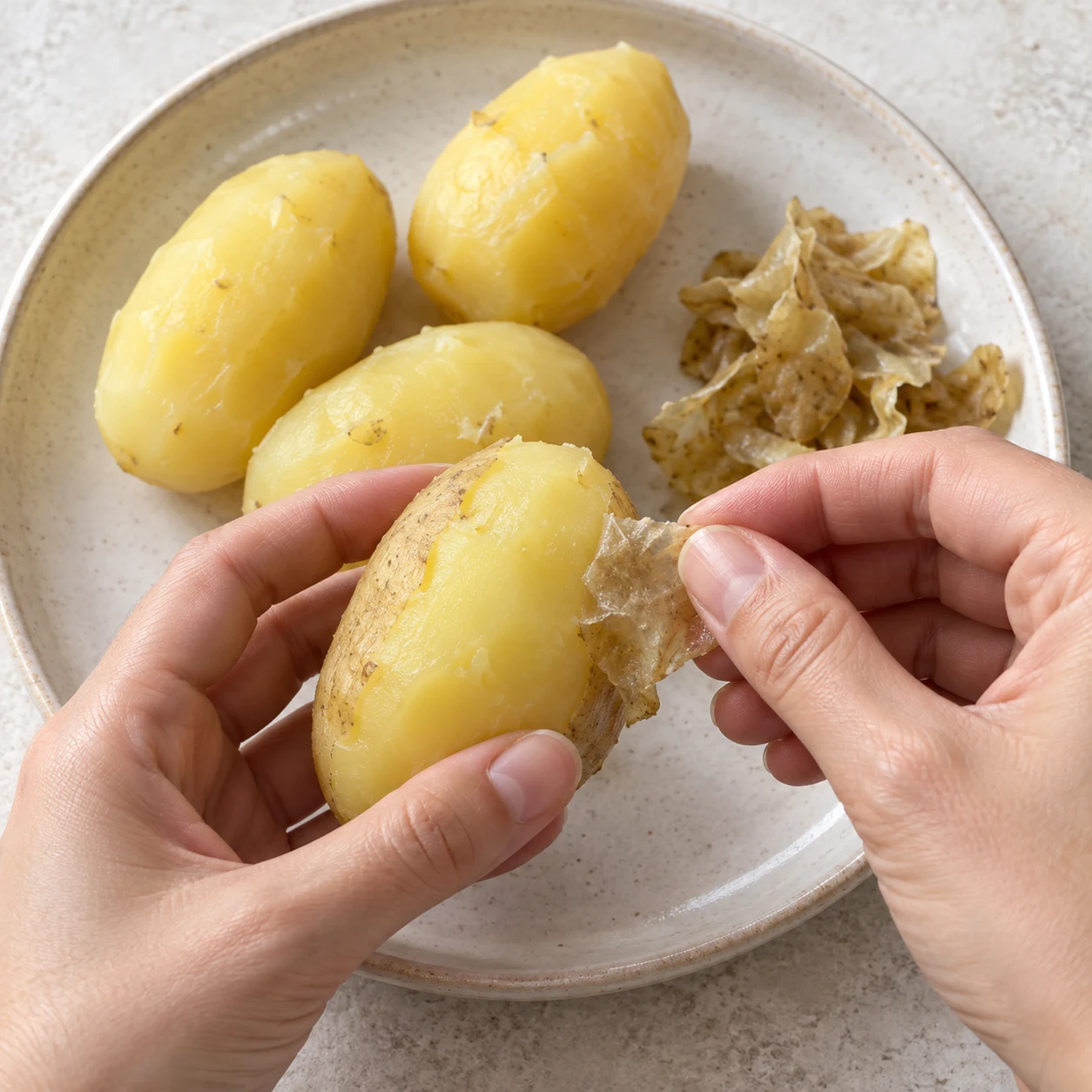 Éplucher les pommes de terre : montrer uniquement cette phase, avec les ingrédients véganes de la liste et des mains adultes anonymes si nécessaires.