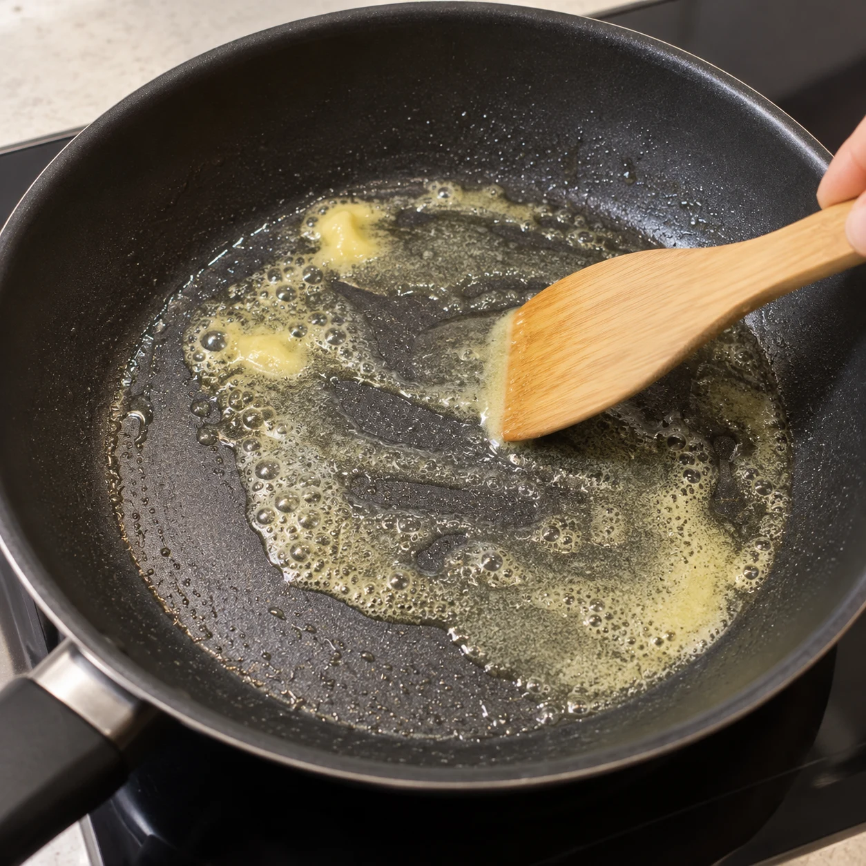 Faire fondre la margarine : Faites fondre un peu de margarine végétale dans la poêle. Résultat : La margarine forme une fine couche liquide.