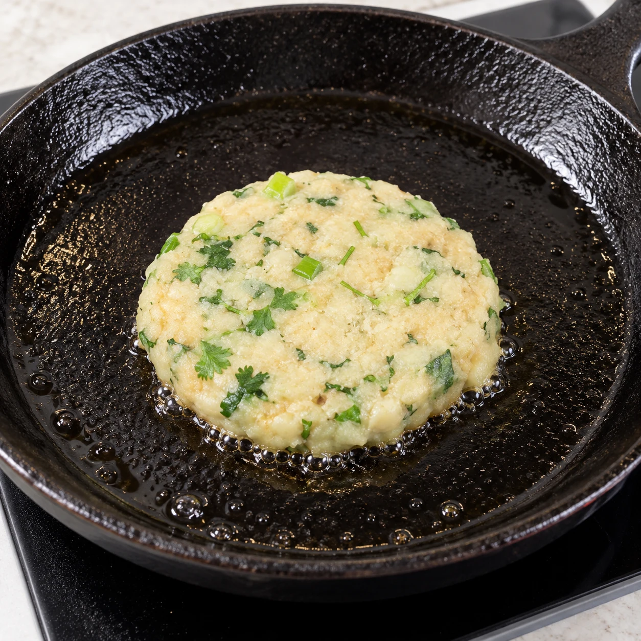 Les steaks crus pâles et mouchetés de vert cuisent dans une poêle huilée : la première face touche le fond, sans montrer une seconde face déjà dorée.