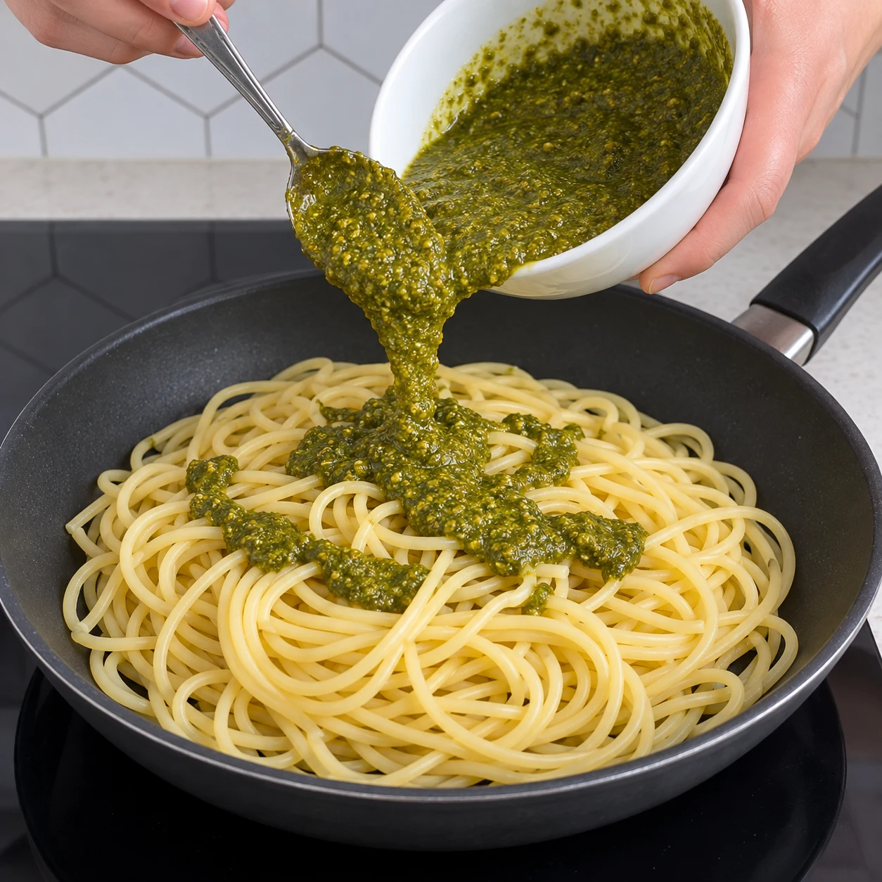 Pesto vert épais versé depuis un bol sur les spaghetti jaunes dans la poêle.