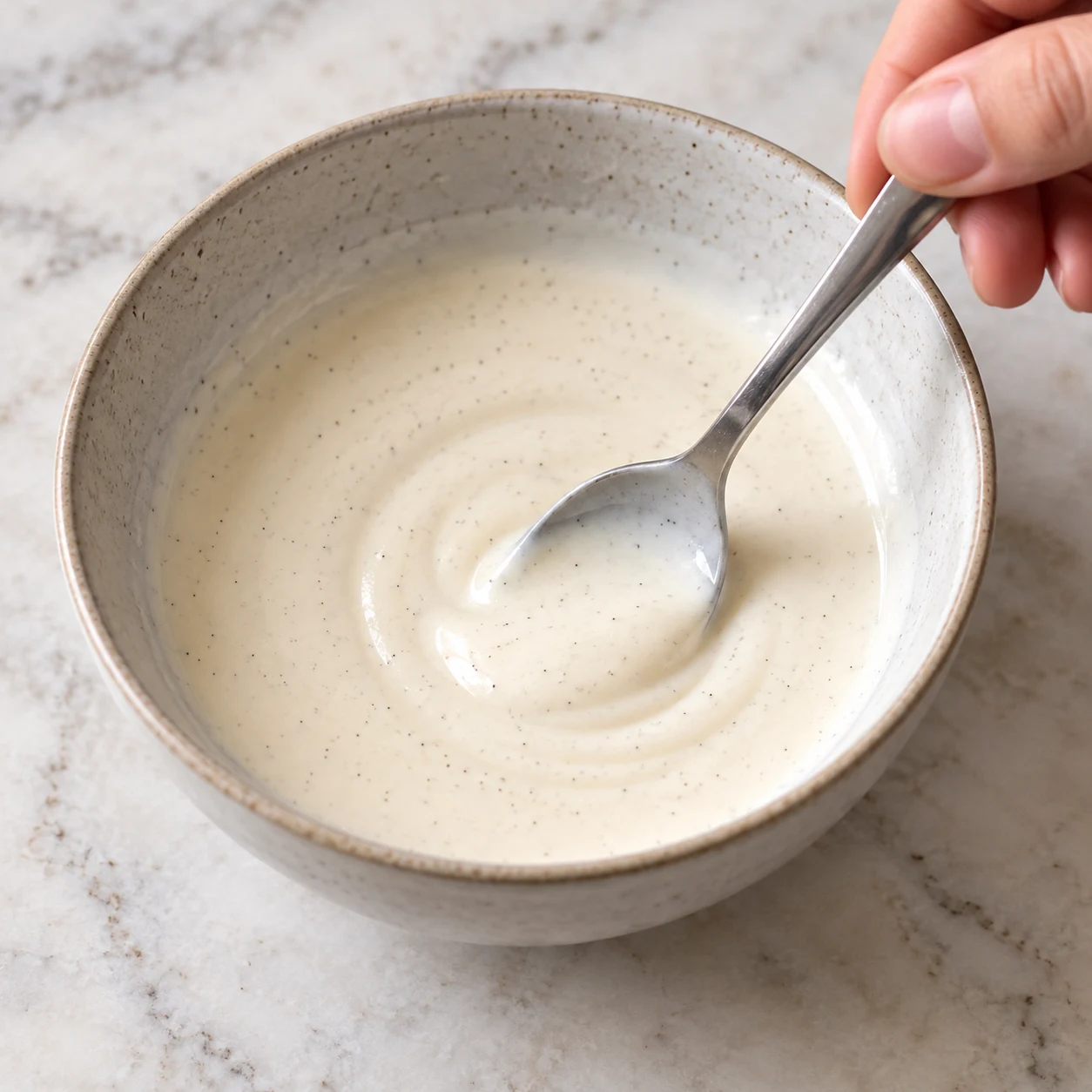 Cuillère mélange une crème de soja vanillée liquide, blanche à ivoire, dans un petit bol ; aucune mousse ni pics de chantilly.