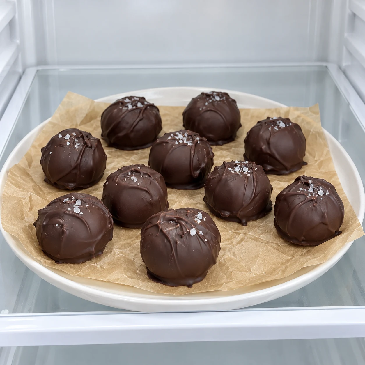 Boules chocolatées dont la coque est figée sur papier cuisson, sans mains.