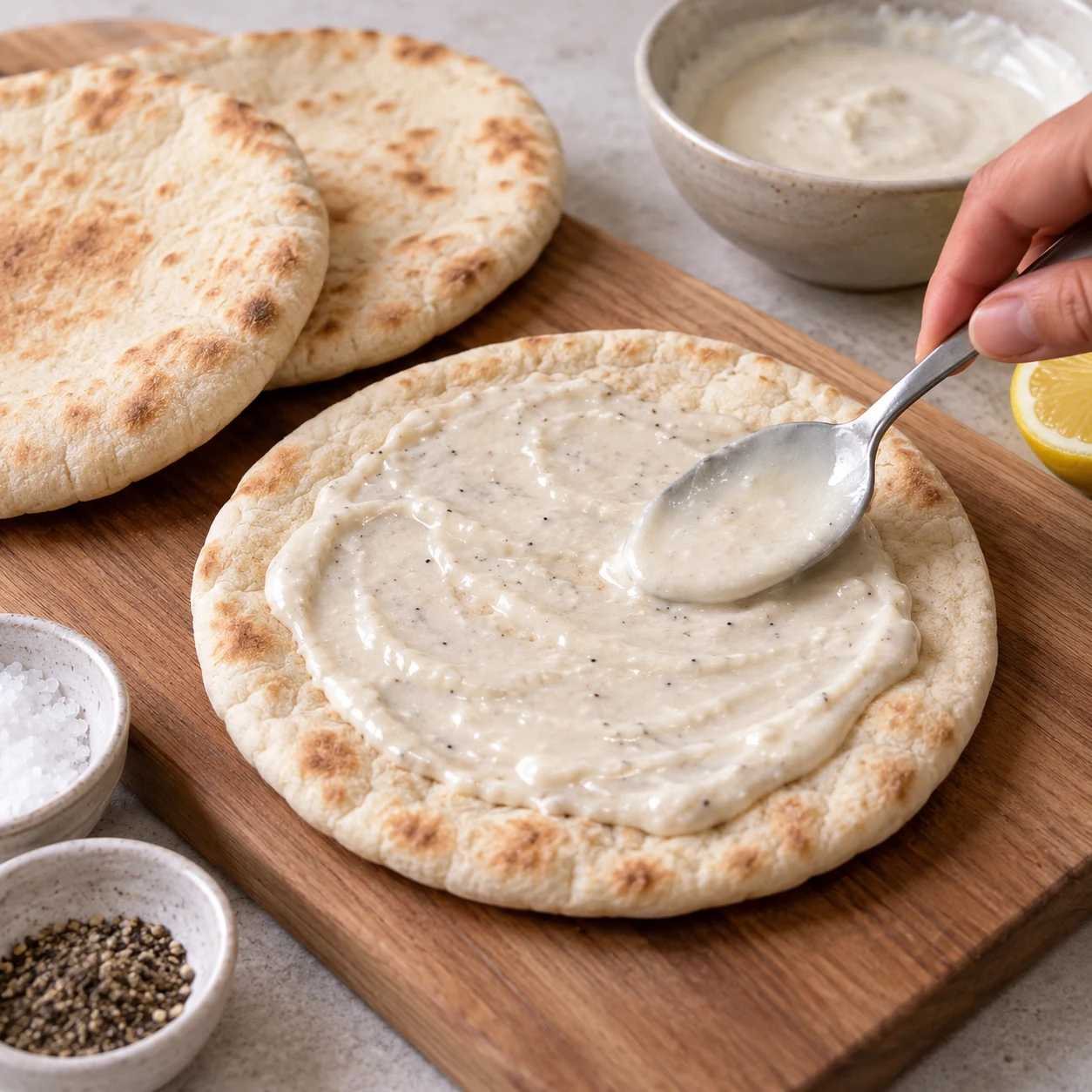 Étale une cuillère à soupe de sauce au tahini sur chaque pain pita chaud. Une seule phase, ingrédients de la variante uniquement.