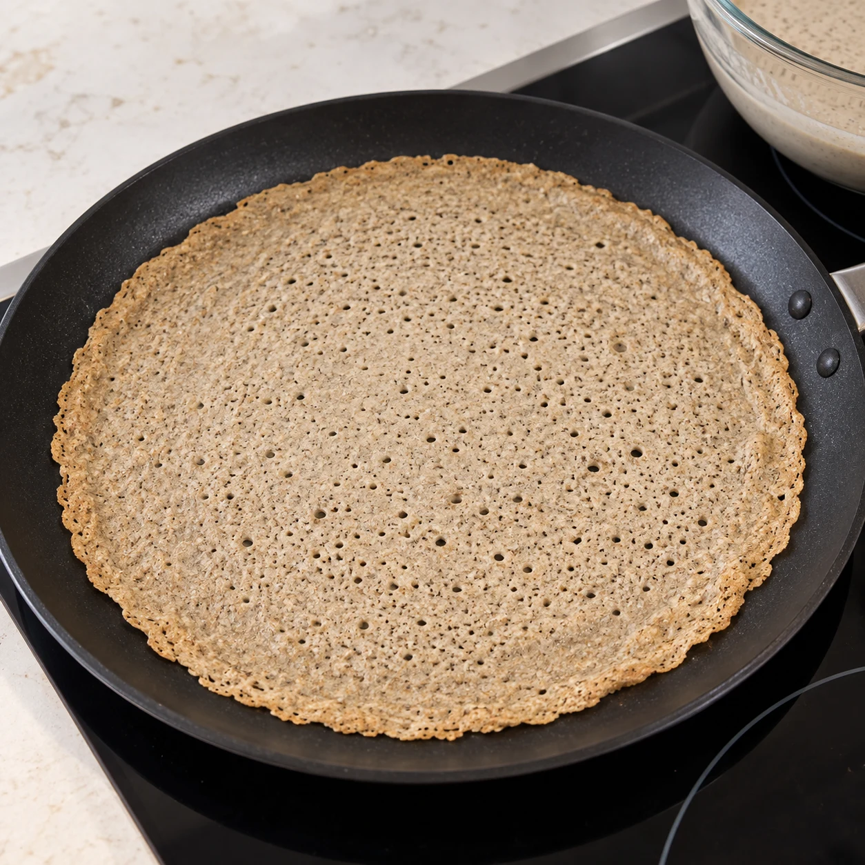 Galette de sarrasin à surface mate et alvéolée dans une poêle noire, bords dorés. Sans garniture.